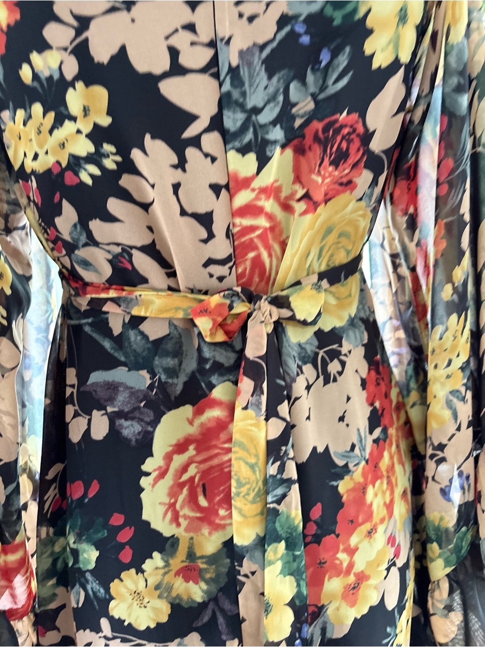 Betsey Johnson Black Floral Flutter-Sleeve Wrap Mini Dress - Picture 5 of 7